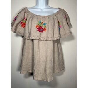 Ivy Jane 100% Linen Off Shoulder Top Small Beige Floral Embroidered Boho Ruffle